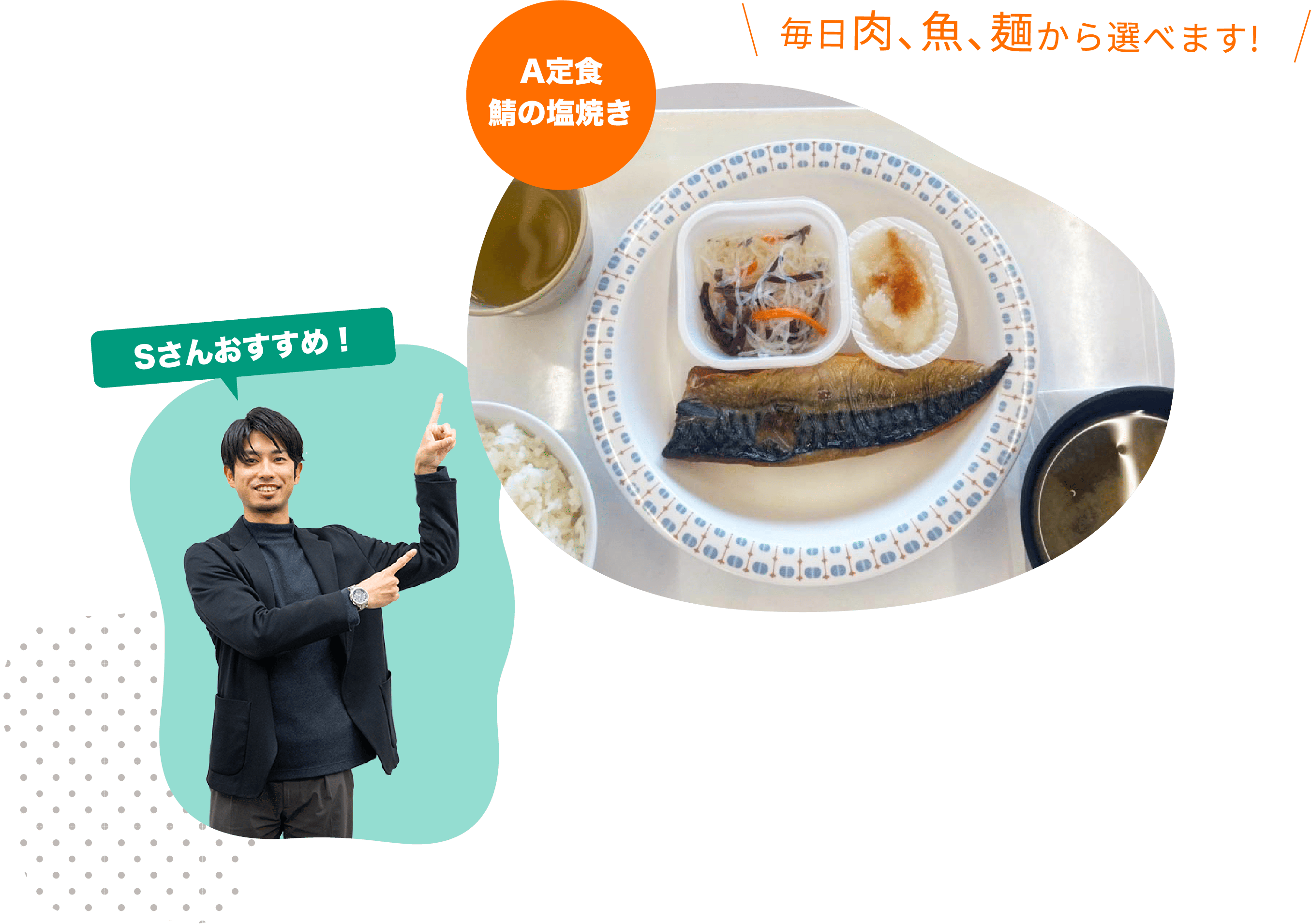 毎日肉、魚、麺から選べます! A定食鯖の塩焼き Sさんおすすめ！